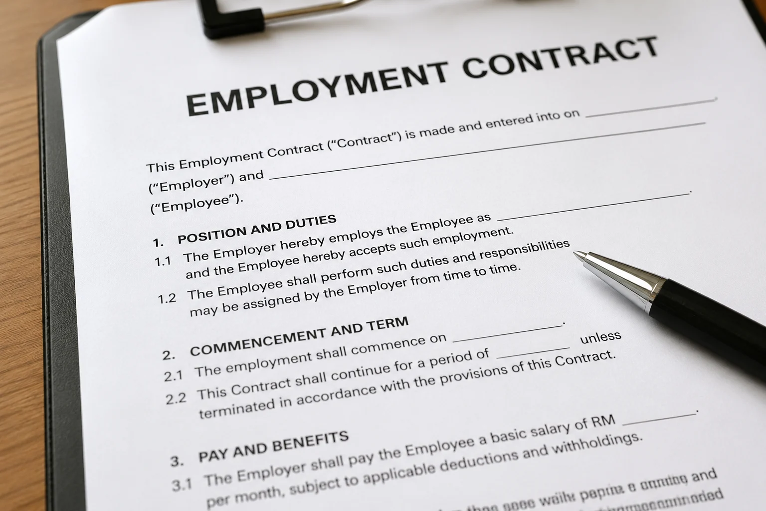 wk employment contract on wooden desk