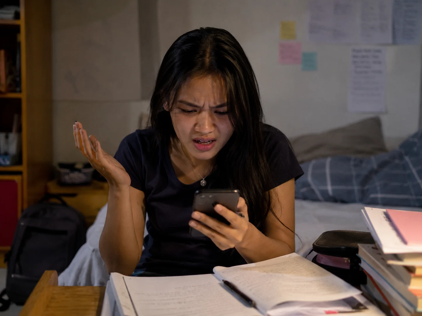 wk student seems stressed looking at phone