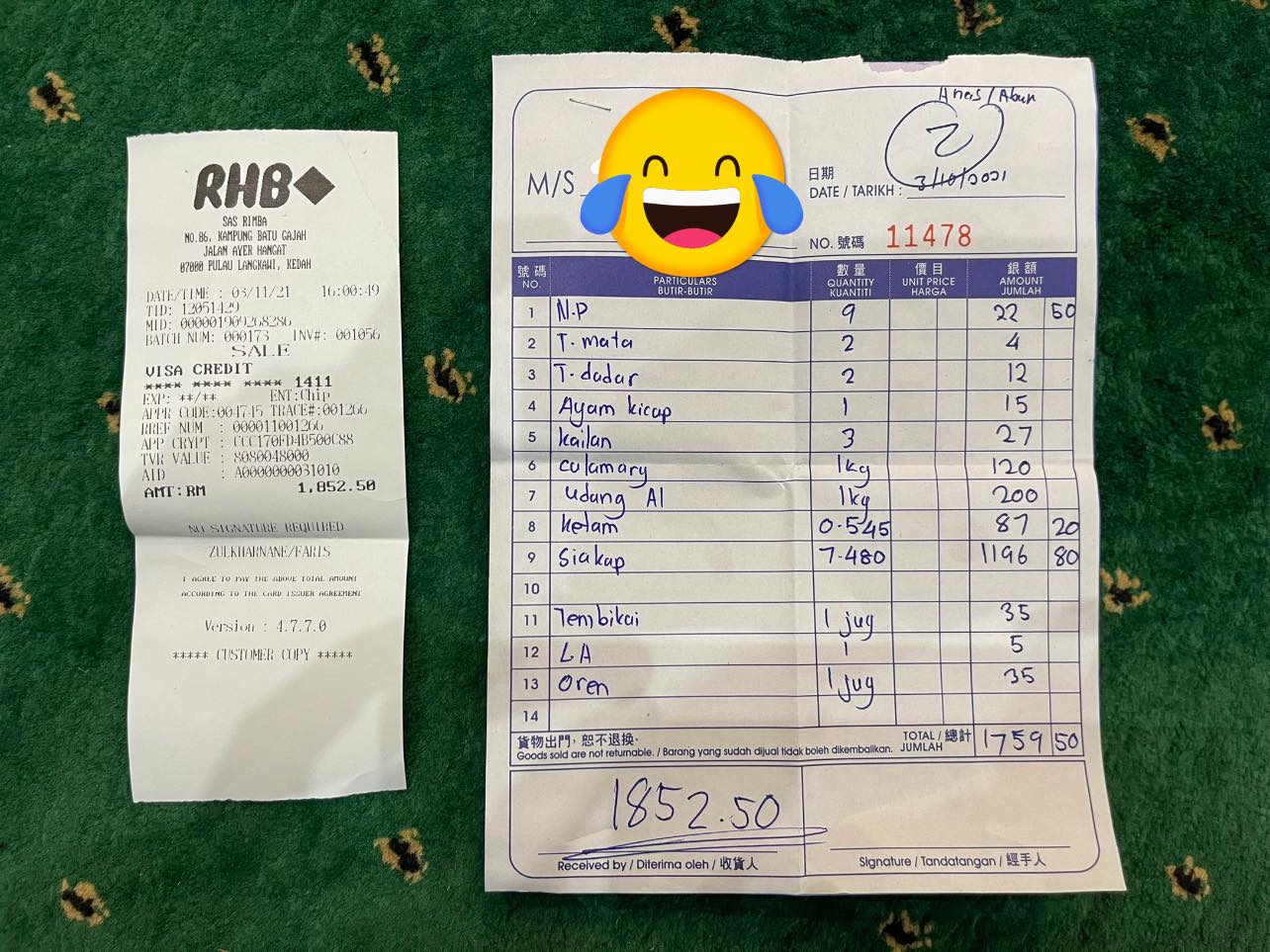 The receipt of the rm1196. 80 siakap fish