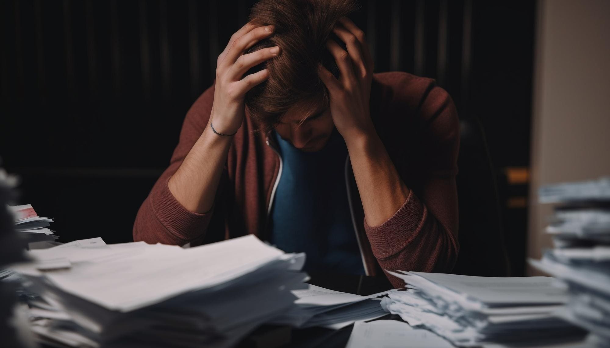 Stressed man sitting at his desk