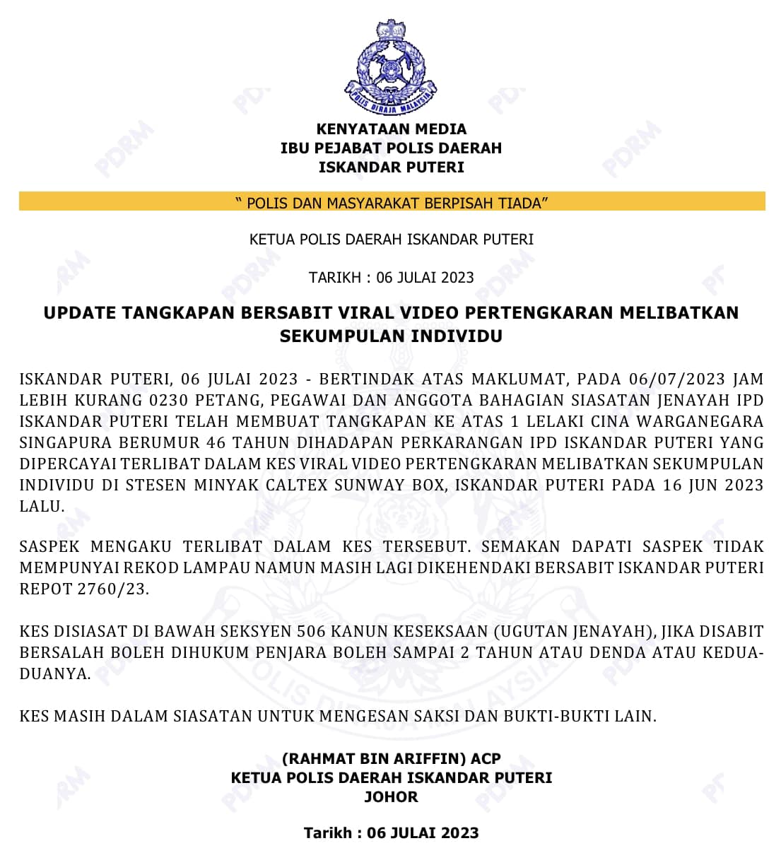   Police statement on Singaporean man who goes amok in JB petrol station