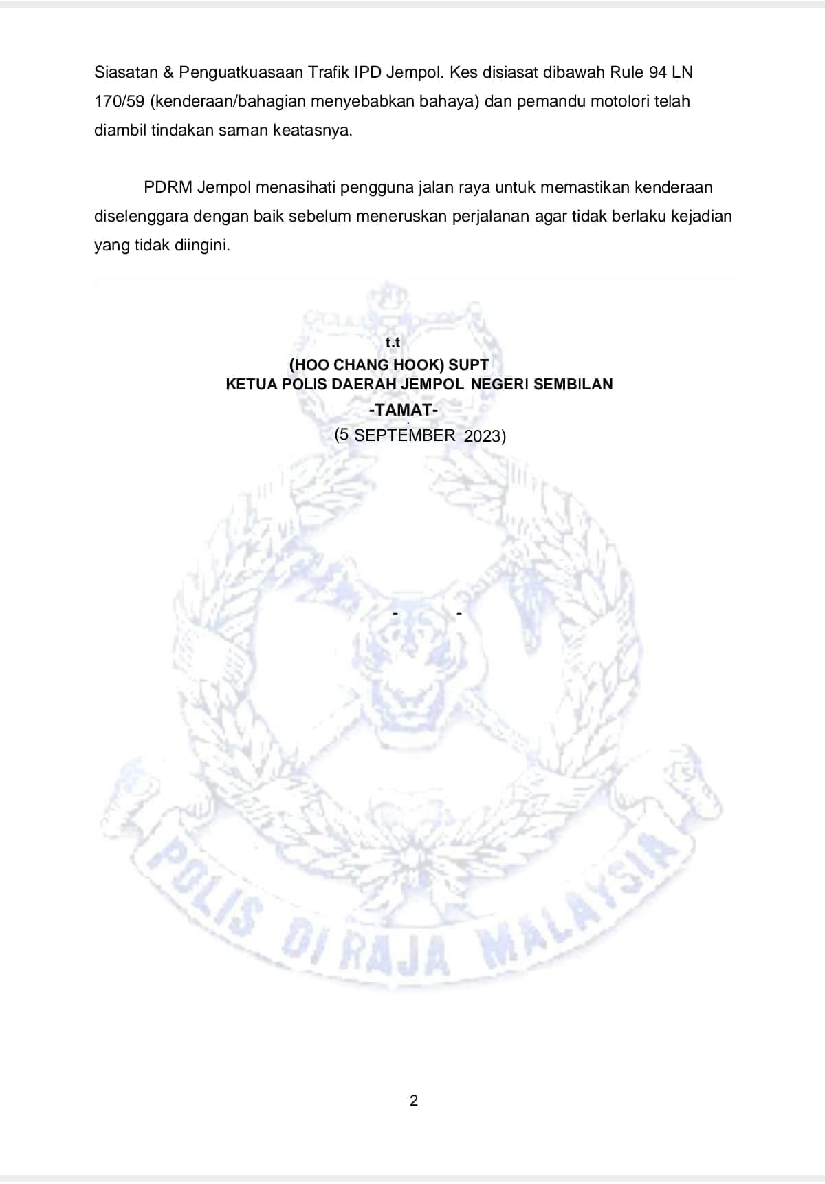 Jempol Police Statement