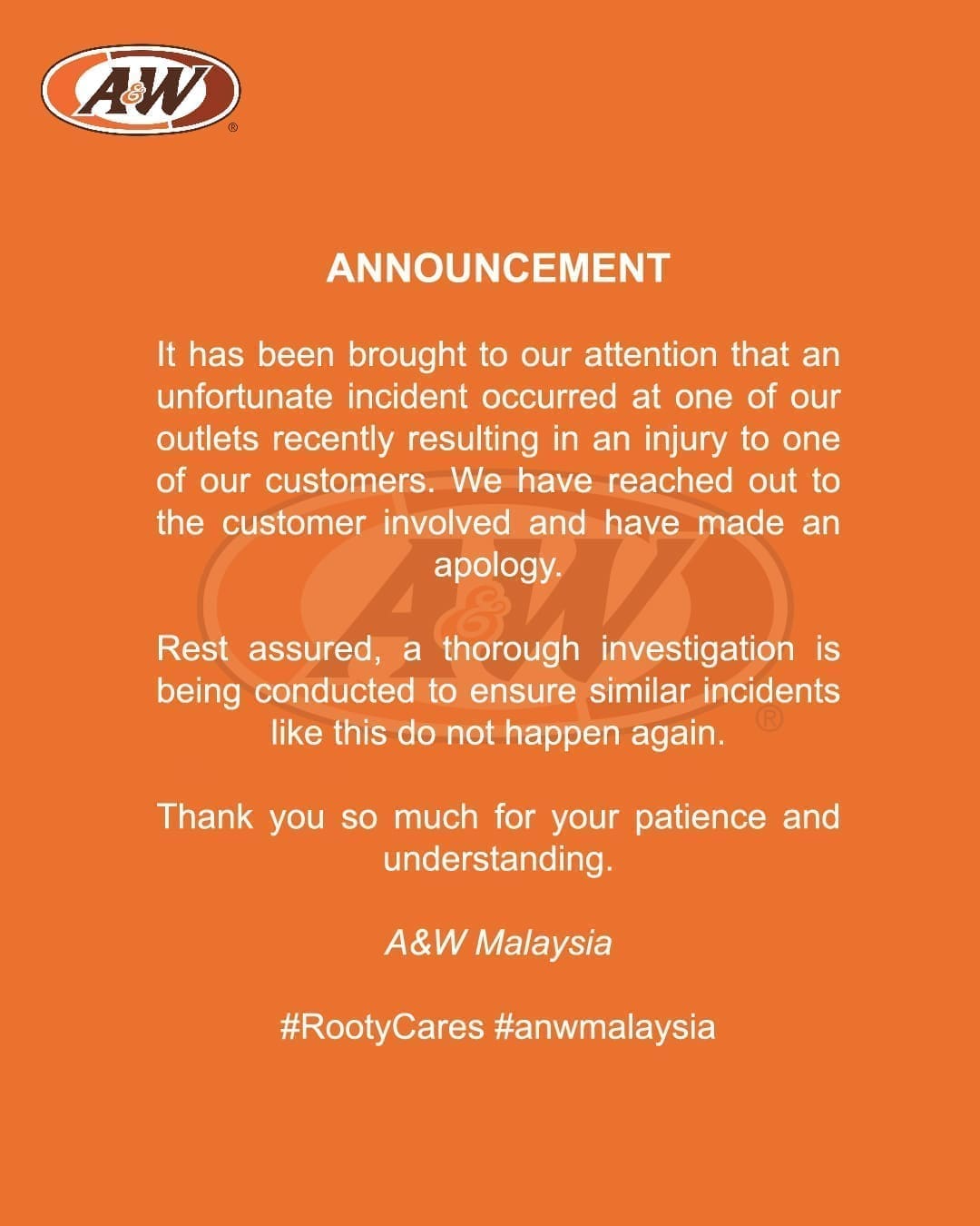 An apology statement by A&W