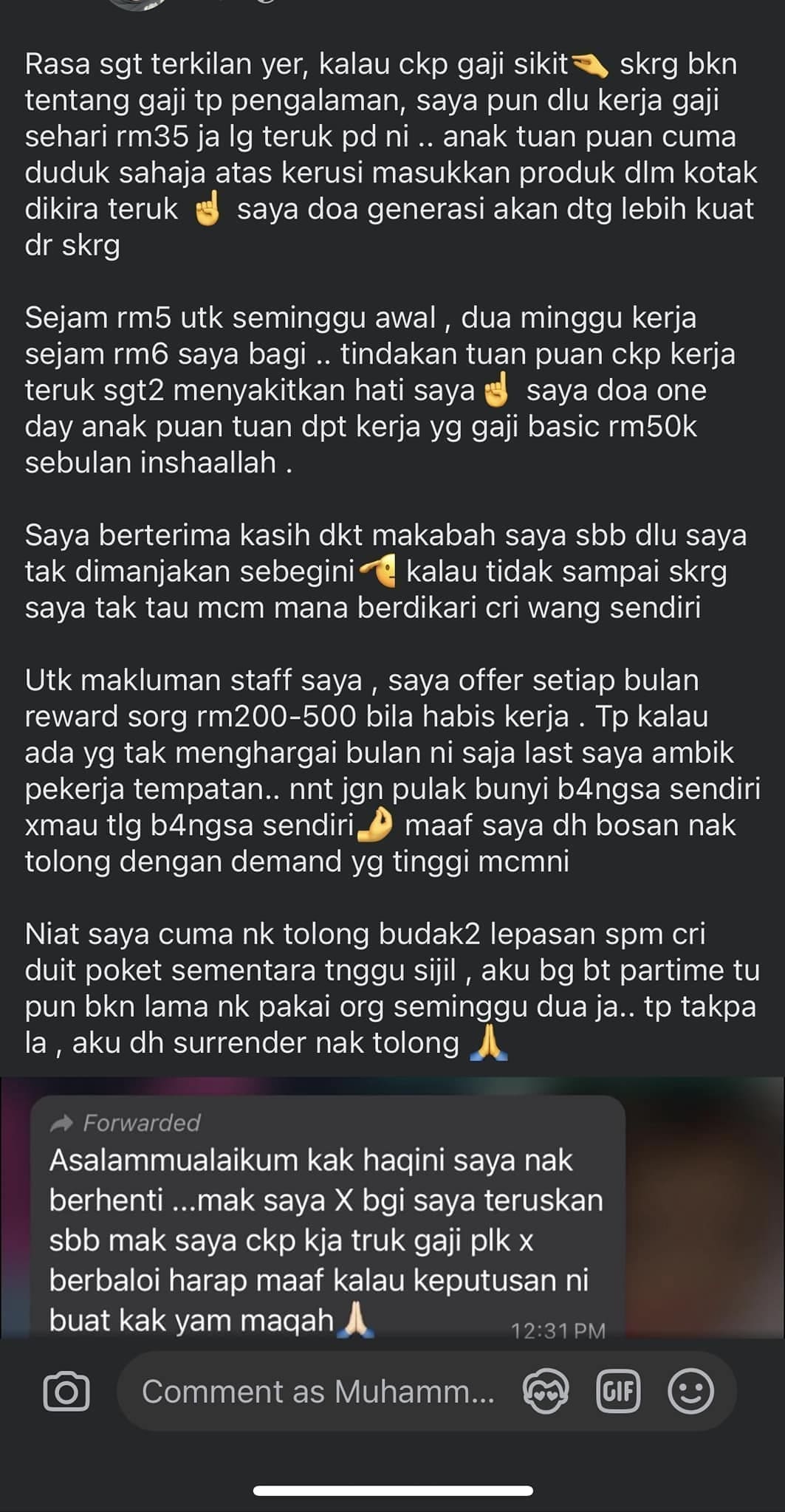 screenshot of the founder accused for paying RM5 per hour for her workers