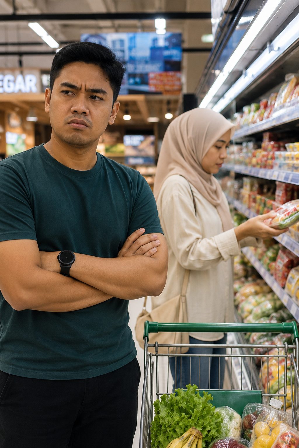 AI image of displeased man with wife at supermarket