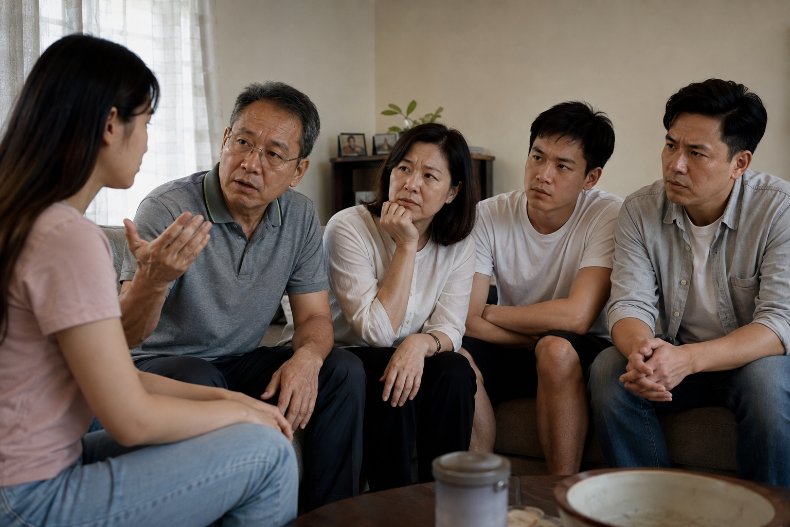 AI image of family telling woman to rethink decision