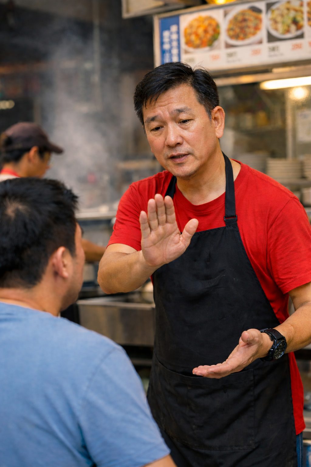 AI image of hawker interacting with customer