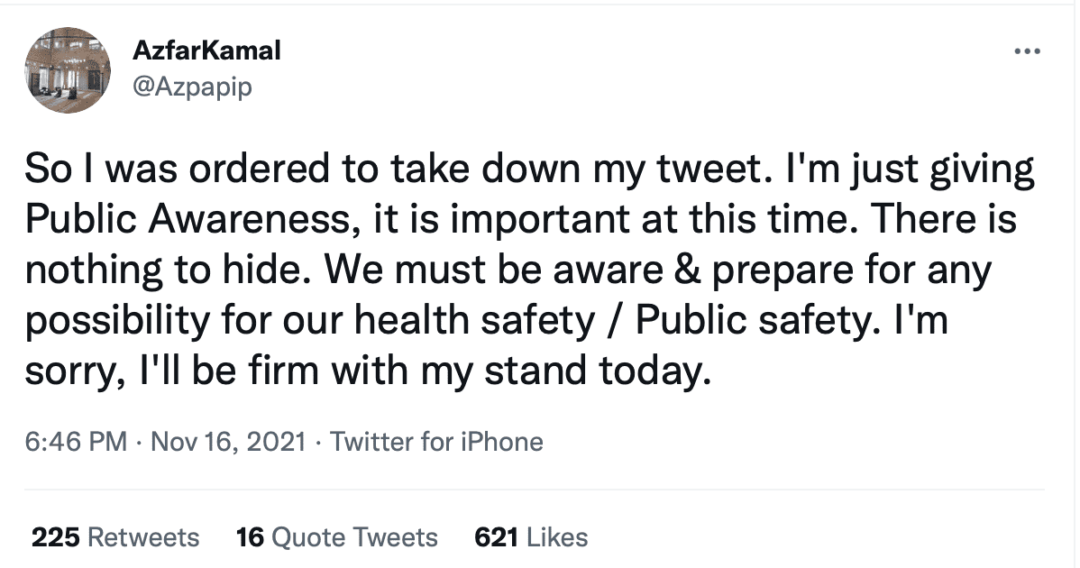 Azfar Kamal ordered to take down his tweet