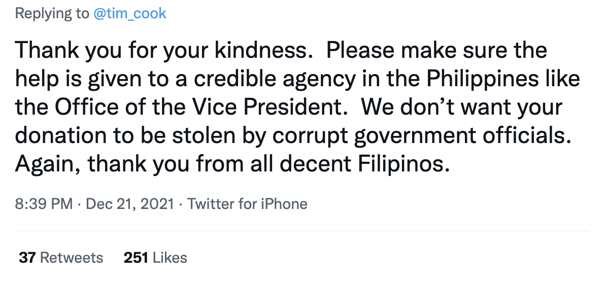 M'Sians Advise Apple Ceo Not To Donate To The Gov'T After Announcement To Aid In Flood Relief | Weirdkaya Donate to the office of vice president, philippines 03