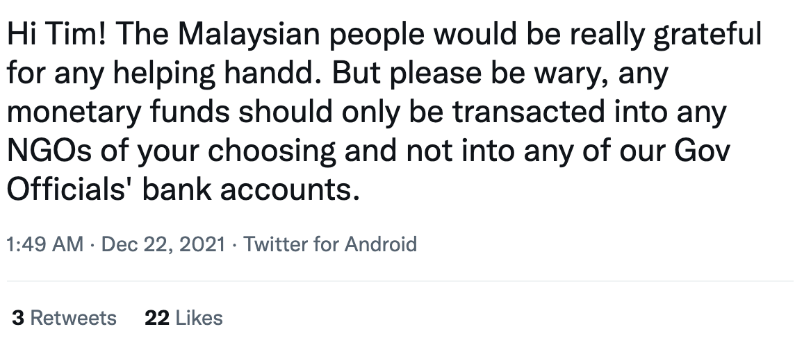 Dont donate to malaysian government, malaysian told tim cook apple 3