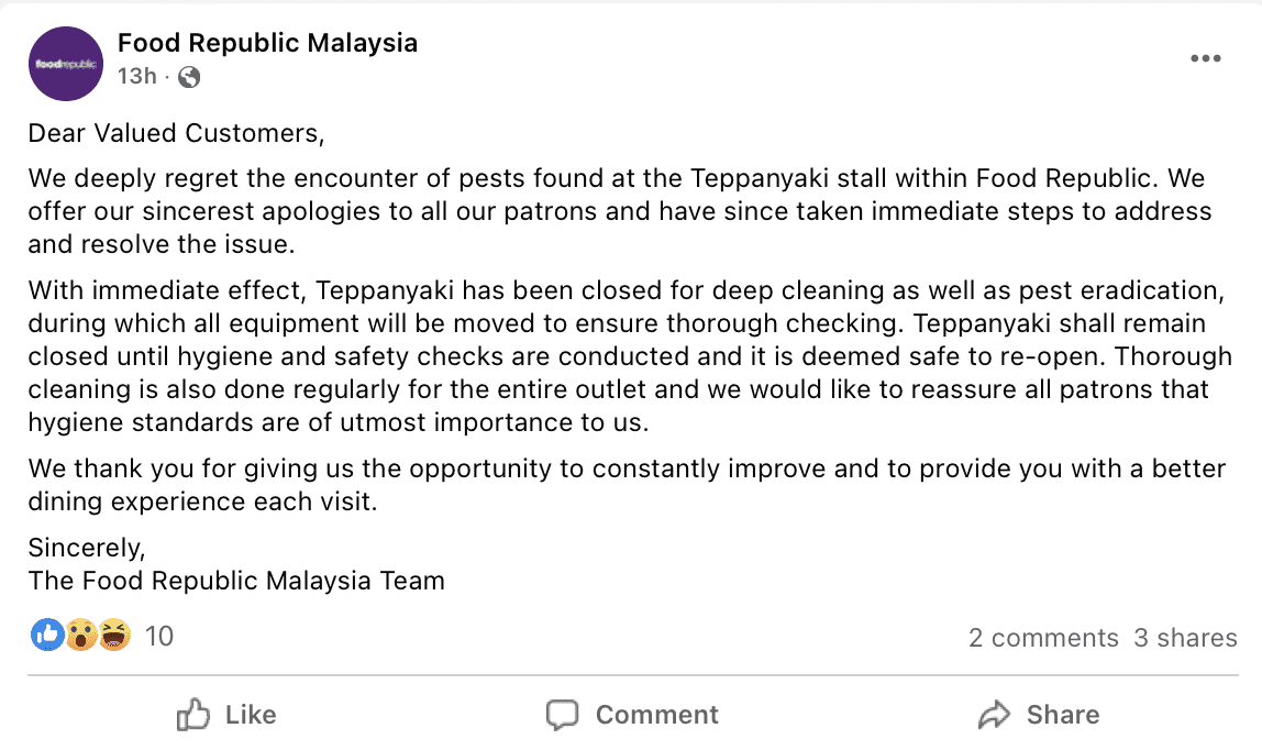 2 Rats Spotted Running Freely At A Japanese Restaurant In Kl Mall, Staff Merely Laughs It Off | Weirdkaya Food republic malaysia responds to rat issue in their teppanyaki stall