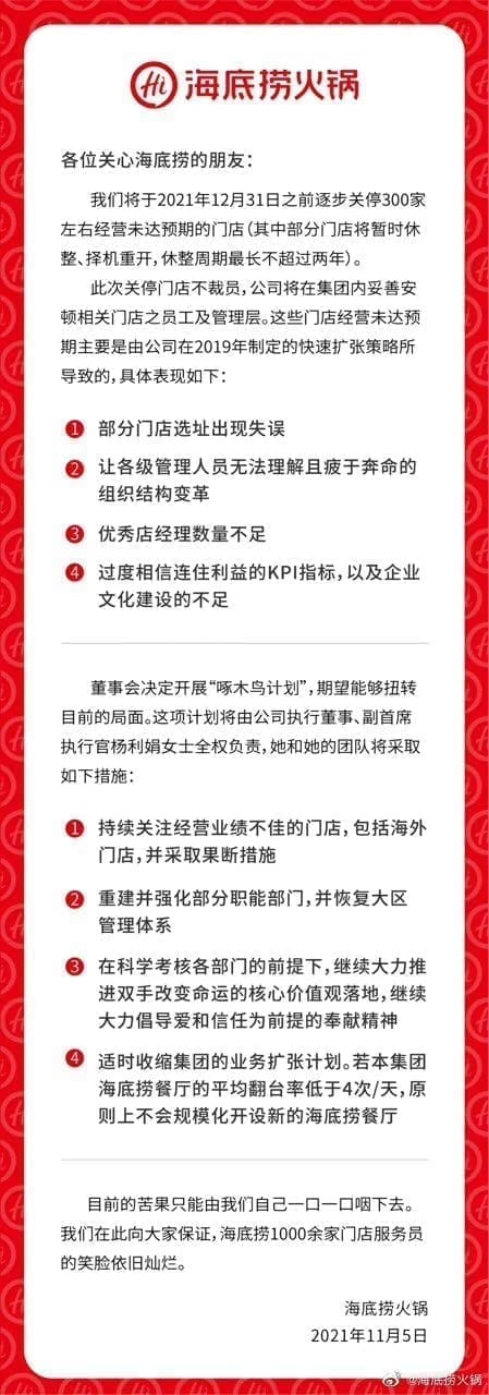 Haidilao China announces closure of 300 stores by end of 2021