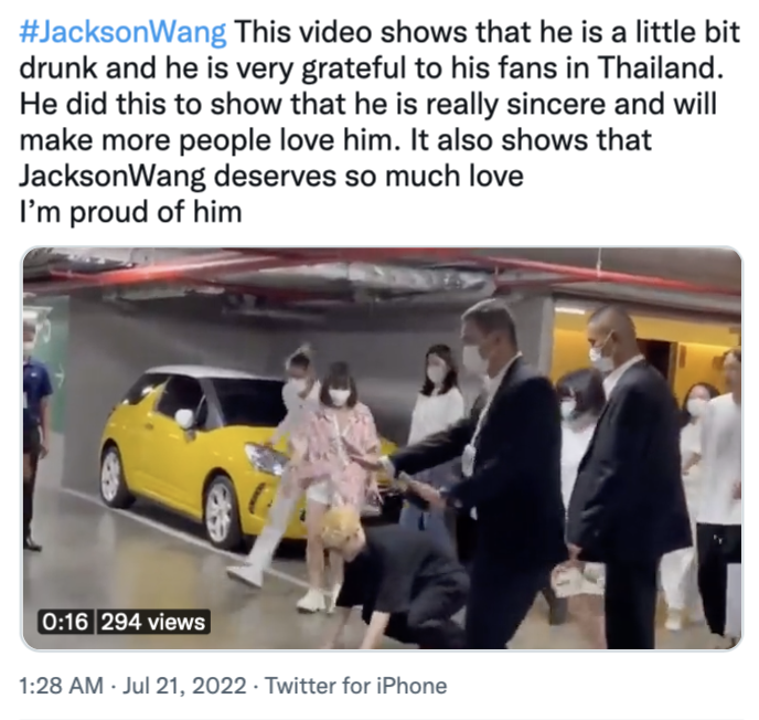 K-pop star jackson wang kneels down to thank thai fans, leaving chinese fans unhappy | weirdkaya