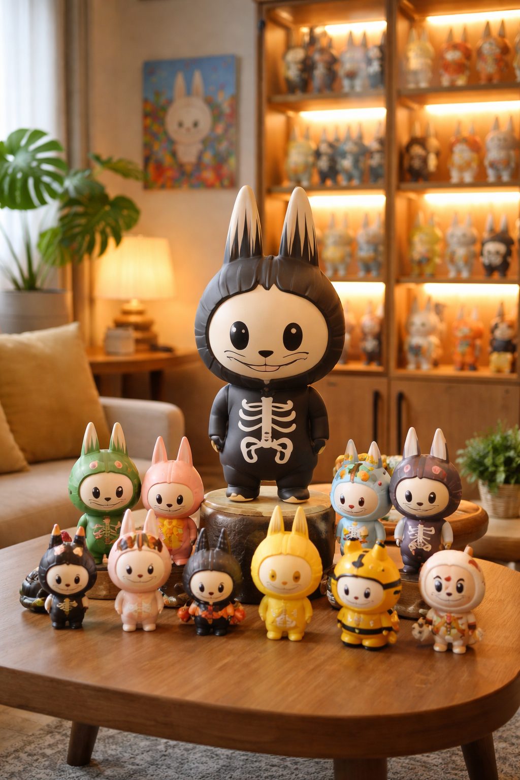 Labubu figures in a cozy living room
