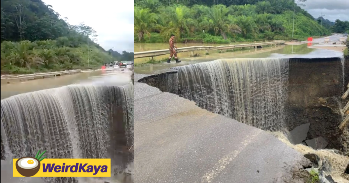 Pan borneo highway turns into massive waterfall after flash floods cause it to crumble | weirdkaya