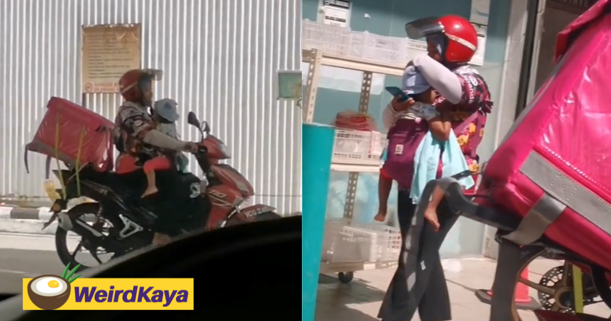 Netizens saddened by mother having to carry her child while delivering food to make ends meet | weirdkaya