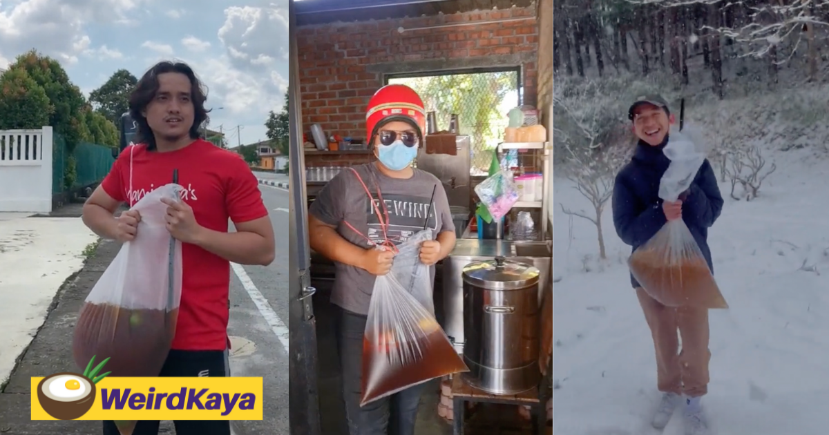 This m'sian carrying a giant teh 'o' ais limau packet has just become the latest tiktok trend | weirdkaya