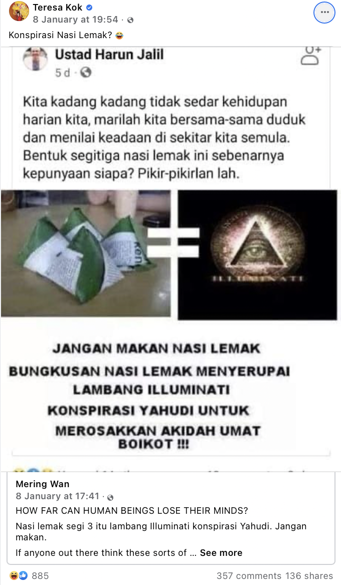 Seputeh mp shares post of ustaz urging m'sians not to eat nasi lemak, alleging that it is 'the symbol of a jewish conspiracy' | weirdkaya