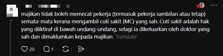 M'sian Woman Fired For Not Being Committed At Work By Taking 2 Days Of MC comment 1
