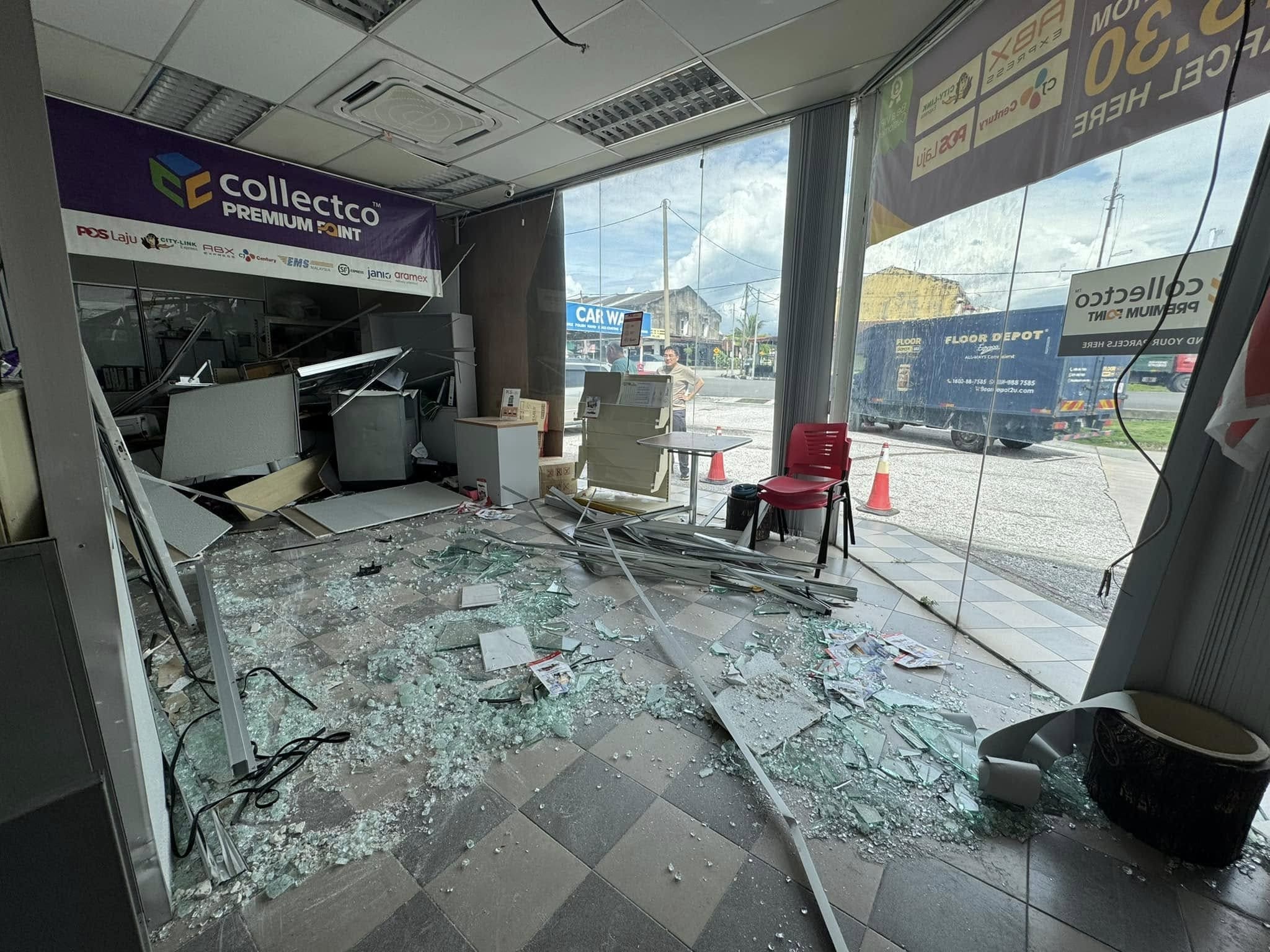 Aftermath of Myvi crashing into shop at Ipoh petrol station