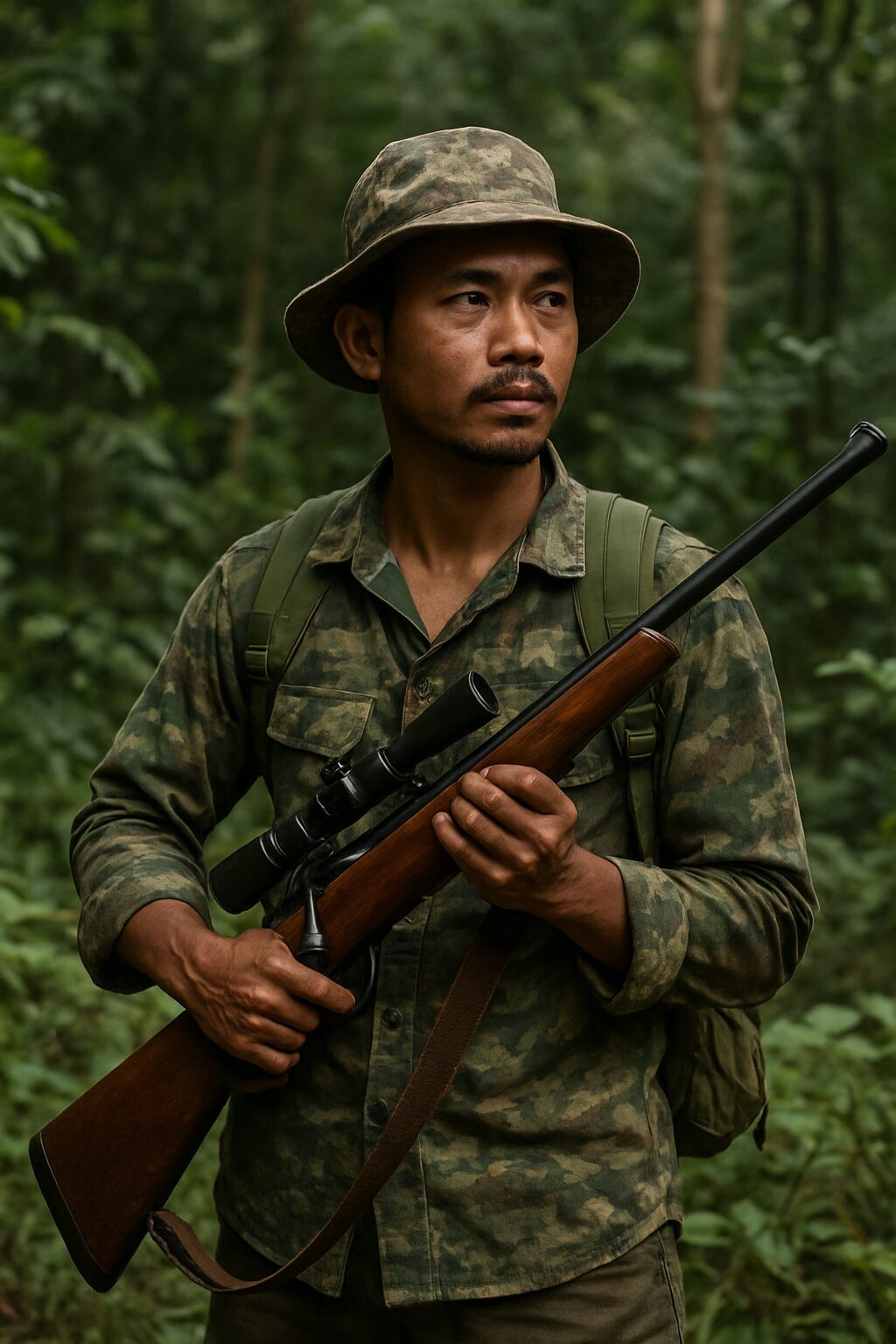 AI image of M'sian man with hunting rifle