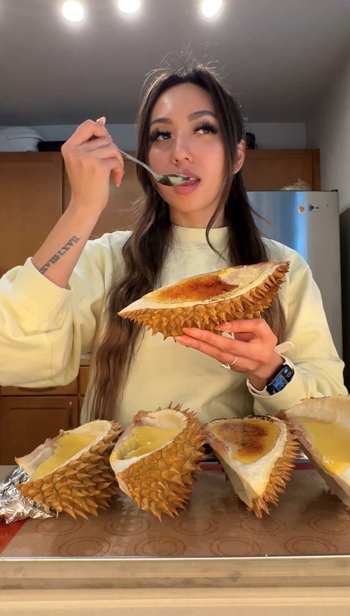 american woman makes durian creme brule