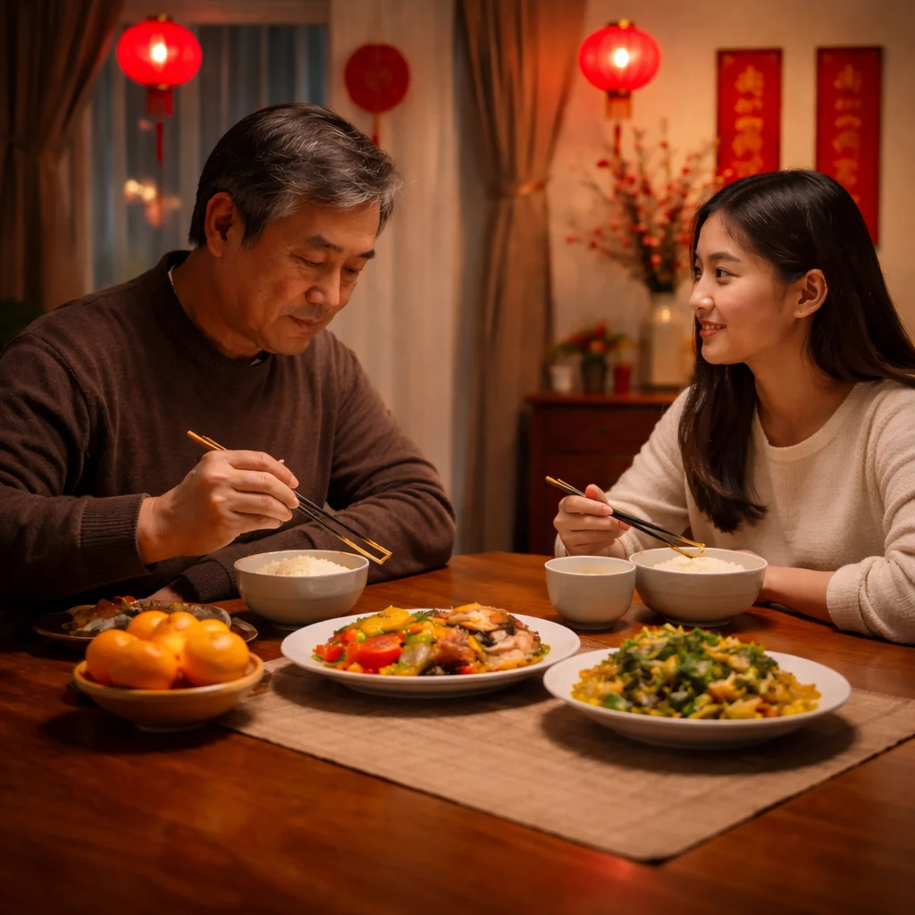 asian dad and daugther having cny reunion dinner