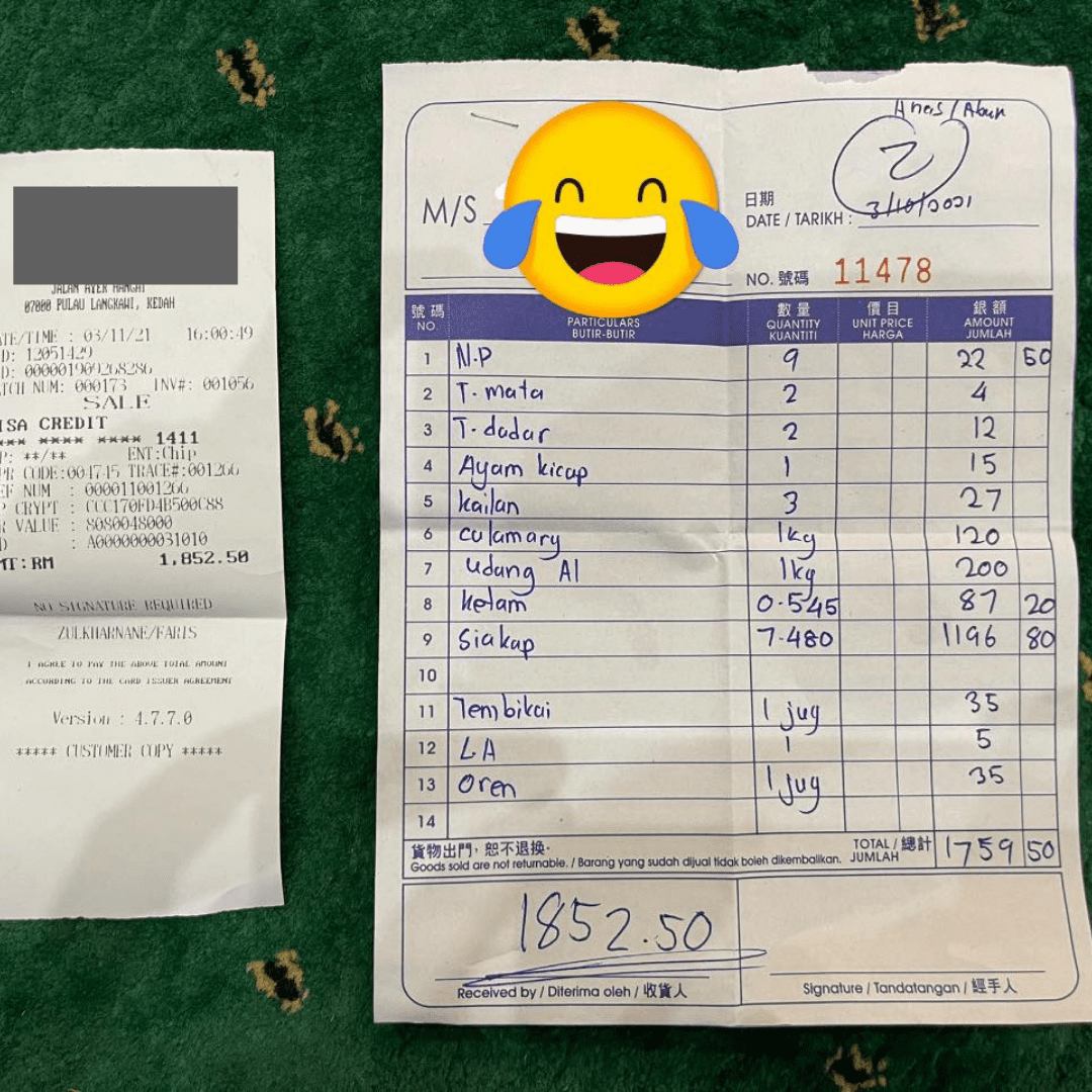 Bill of restaurant in Langkawi