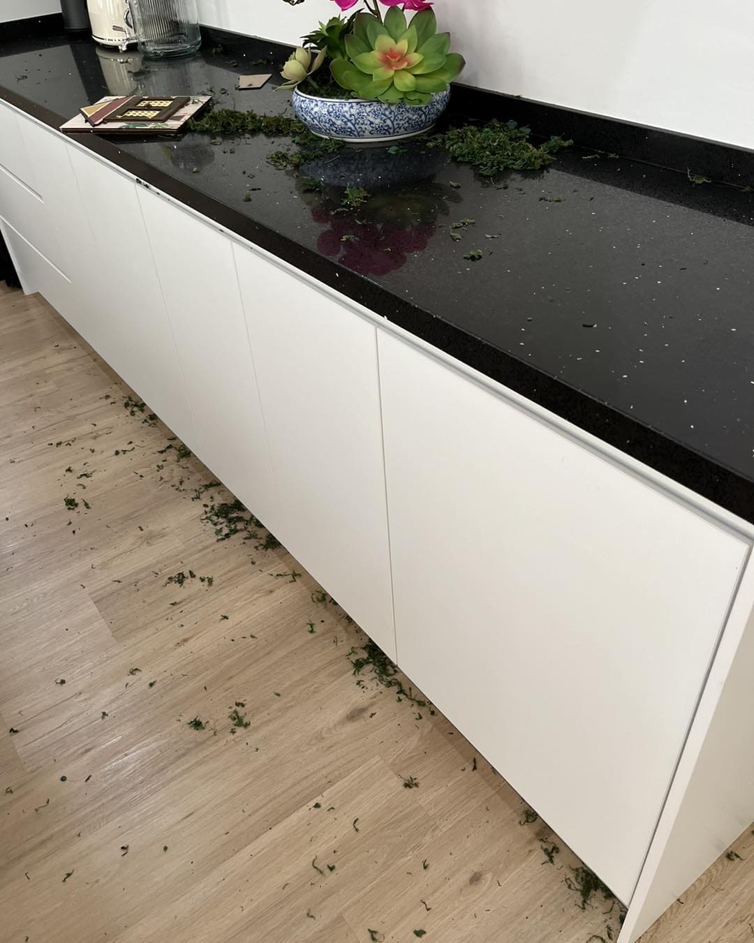 broken flower pots on cabinet