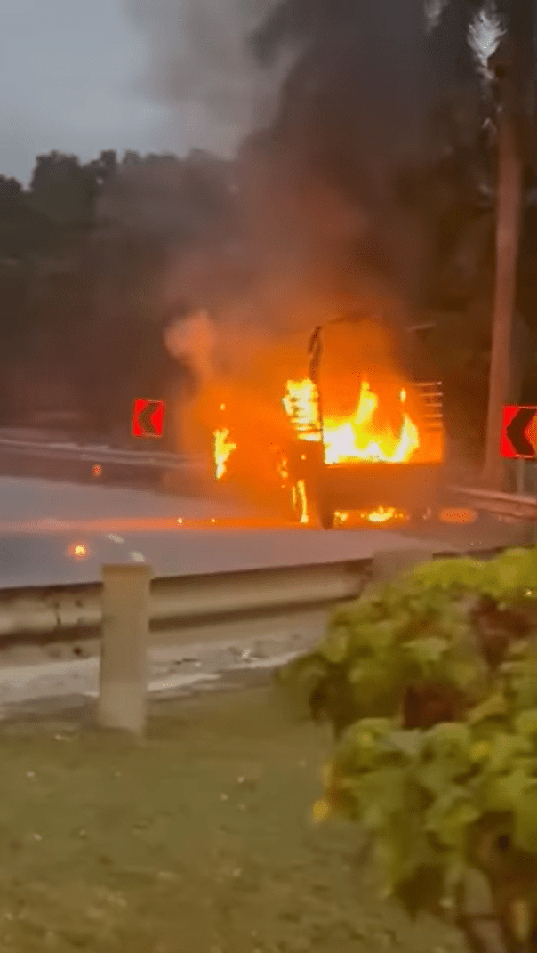 Burning lorry comes to a stop