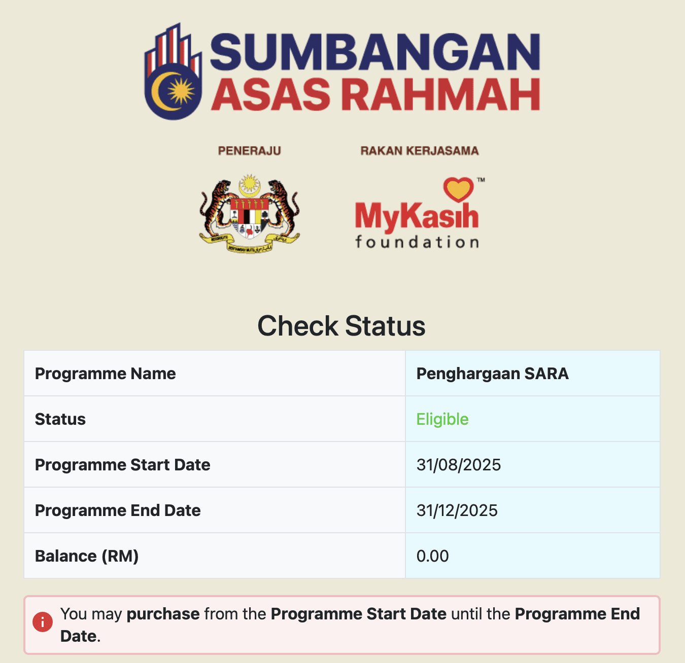 Check status for RM100 Sara Aid