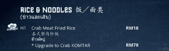 crab fried rice price list in Penang