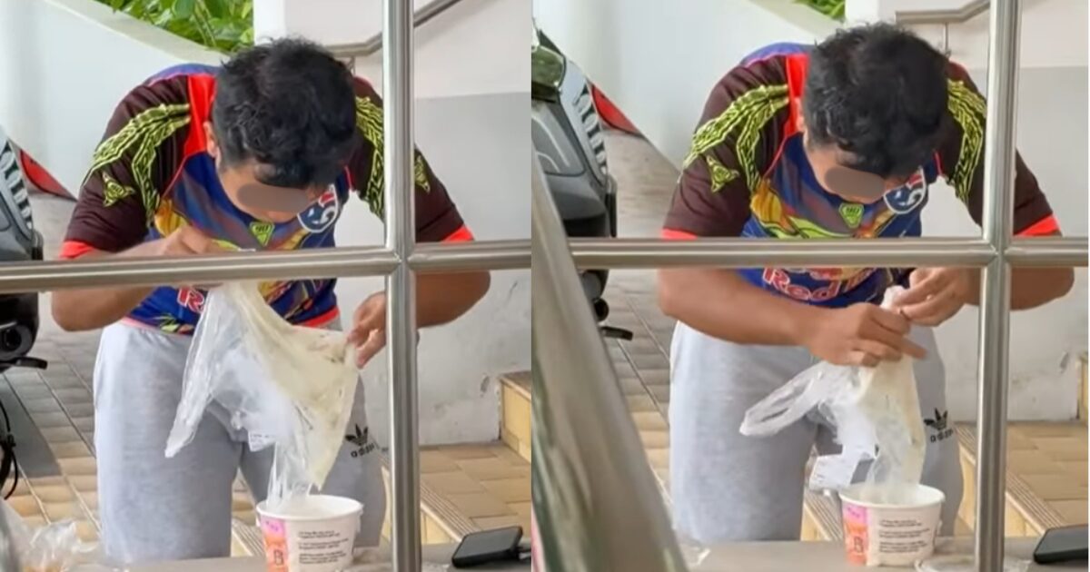 Delivery rider tries to pour porridge back into container