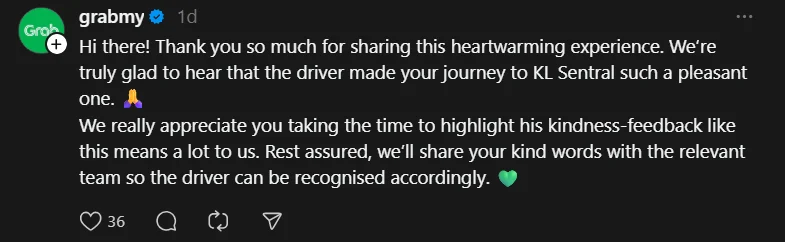 'Best Ride Ever' — M'sian Woman Praises Grab Driver For His Warm & Kind Service comment 2
