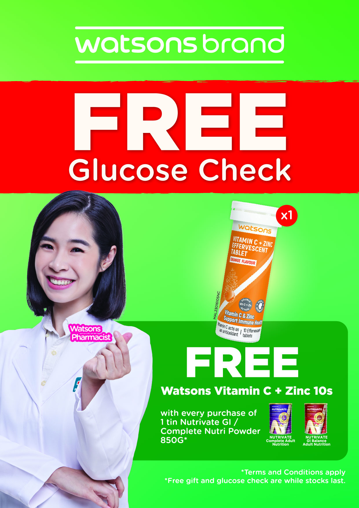 Free Glucose Check and Free Vitamin C + Zinc at Watsons