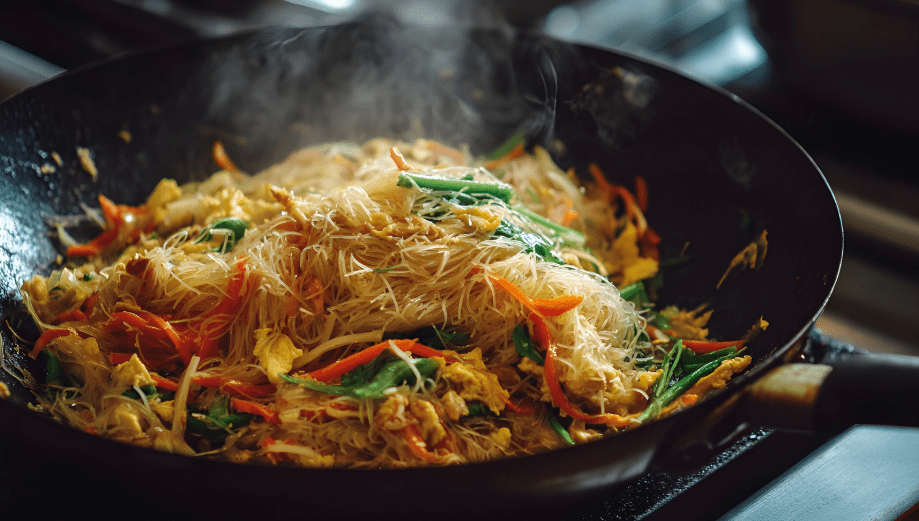 fried noodles in wok