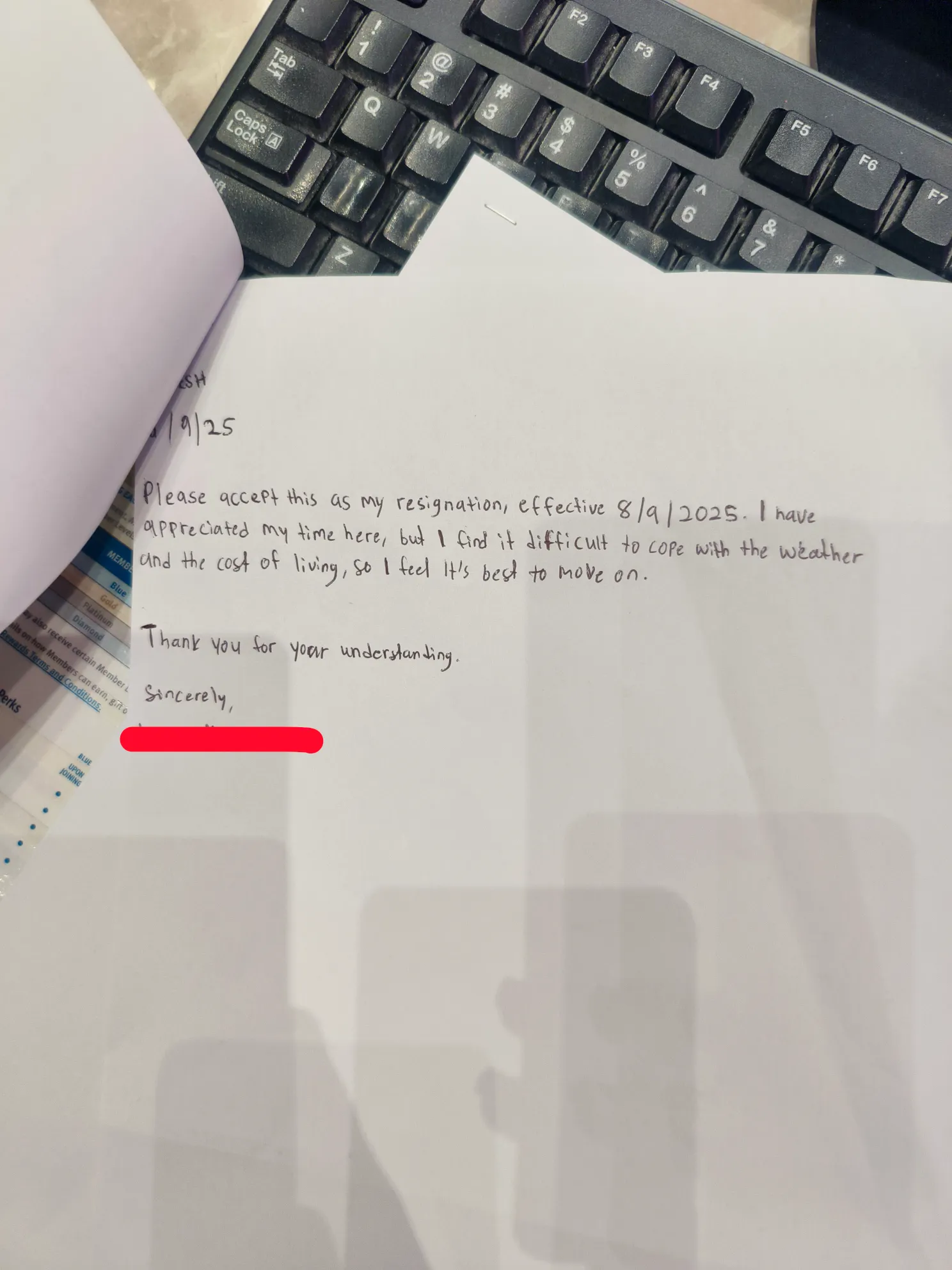 handwritten resignation letter