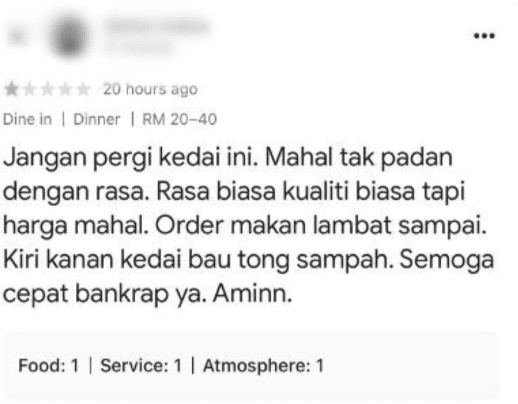 harsh google review restaurant in malaysia RM48.40 meal