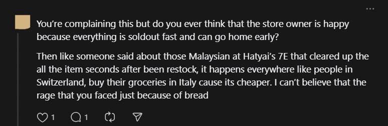 M'sian Woman Accuses S'porerans Of Hoarding Bread In JB, Gets Bashed By Netizens In Turn comment 1