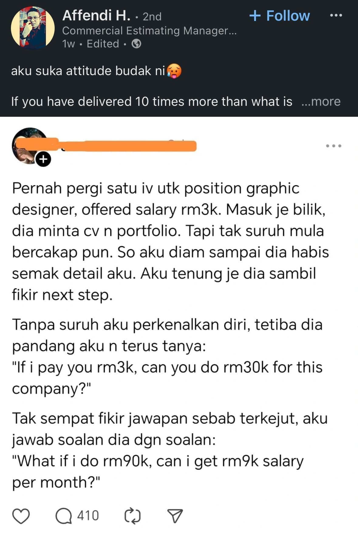 'If I Make RM90K, Will You Pay Me RM9K?', Says Job Seeker When Asked Whether RM3K Salary Can Earn RM30K - linkedin reshared