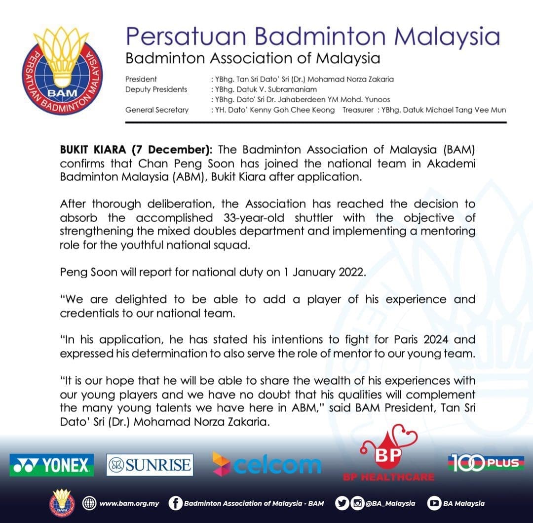 Announcement of Peng Soon's return by BAM