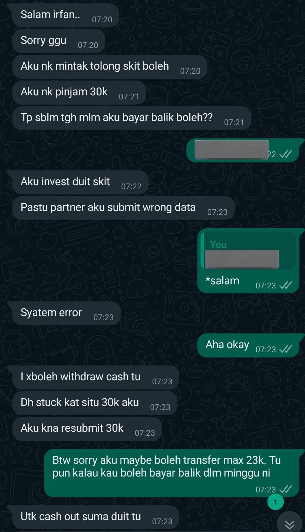 A screenshot of a man and his friend , where the friend asks to borrow some money 