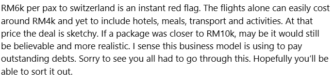 "Can Go To Switzerland With RM5K?" – M’sian Family Allegedly Scammed RM43,330 By A Travel Agency comment 2