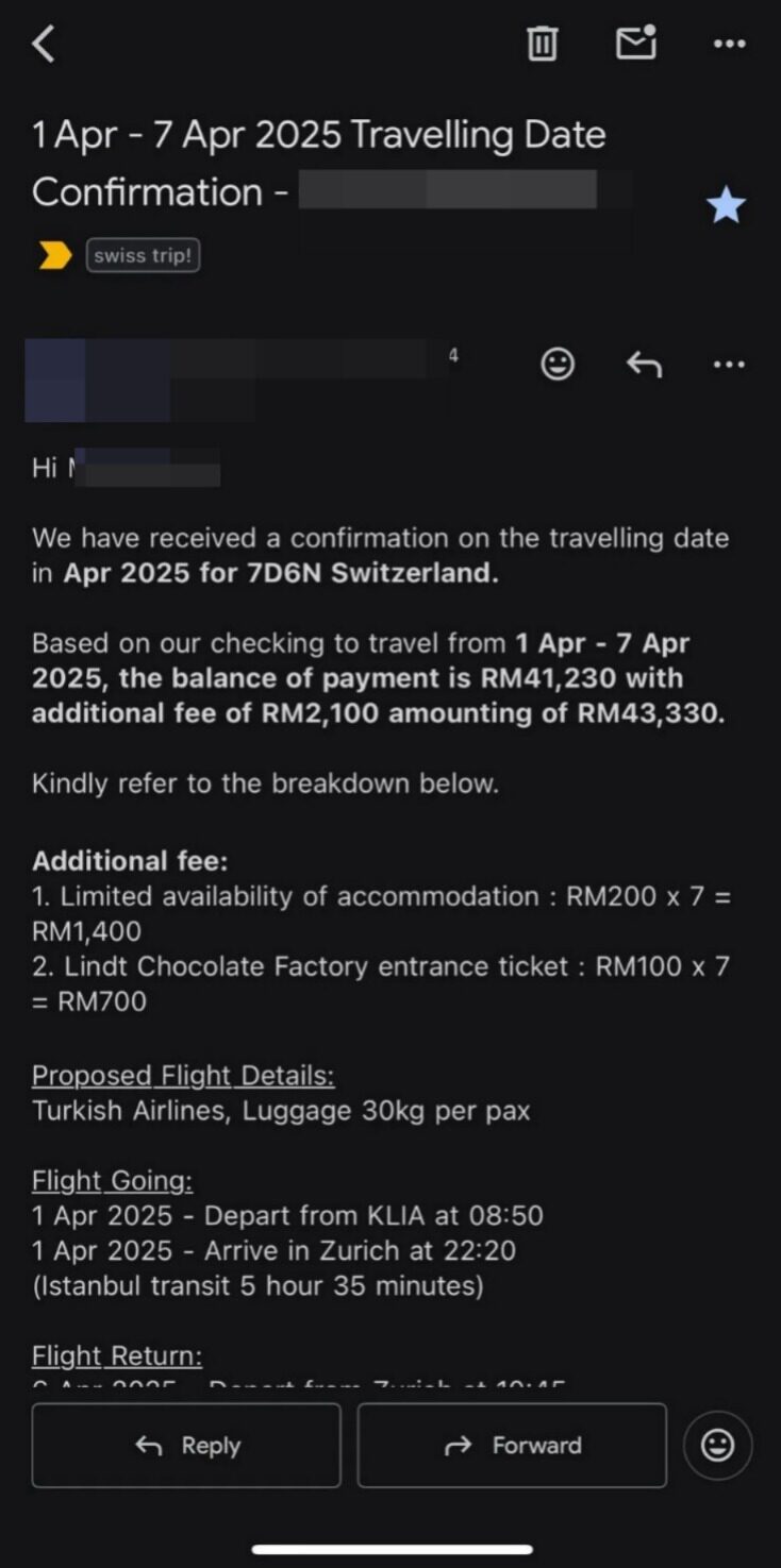The email sent by the travel agency