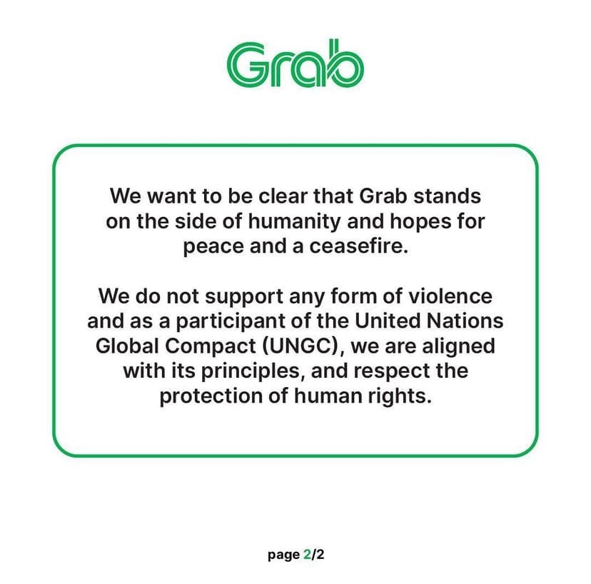 Grab statement regarding Israel