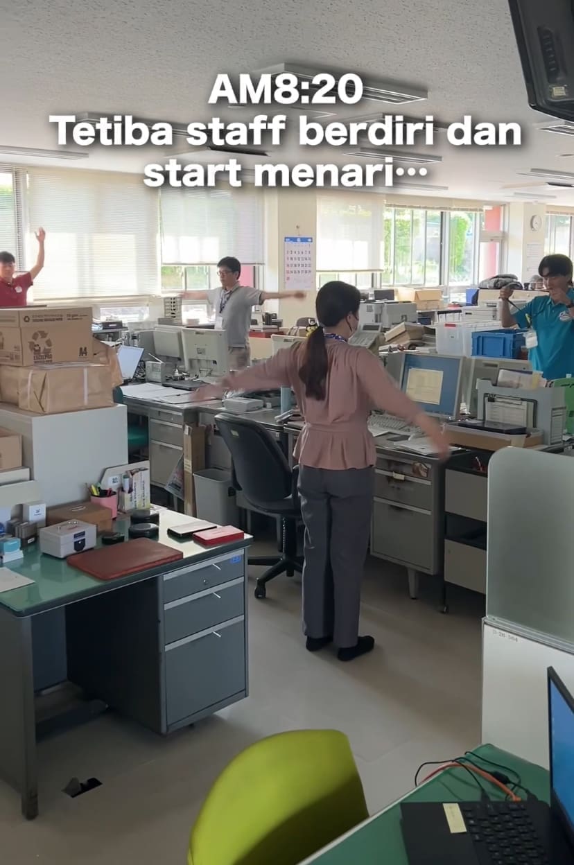 Radio Taiso exercise routine at a Japan office