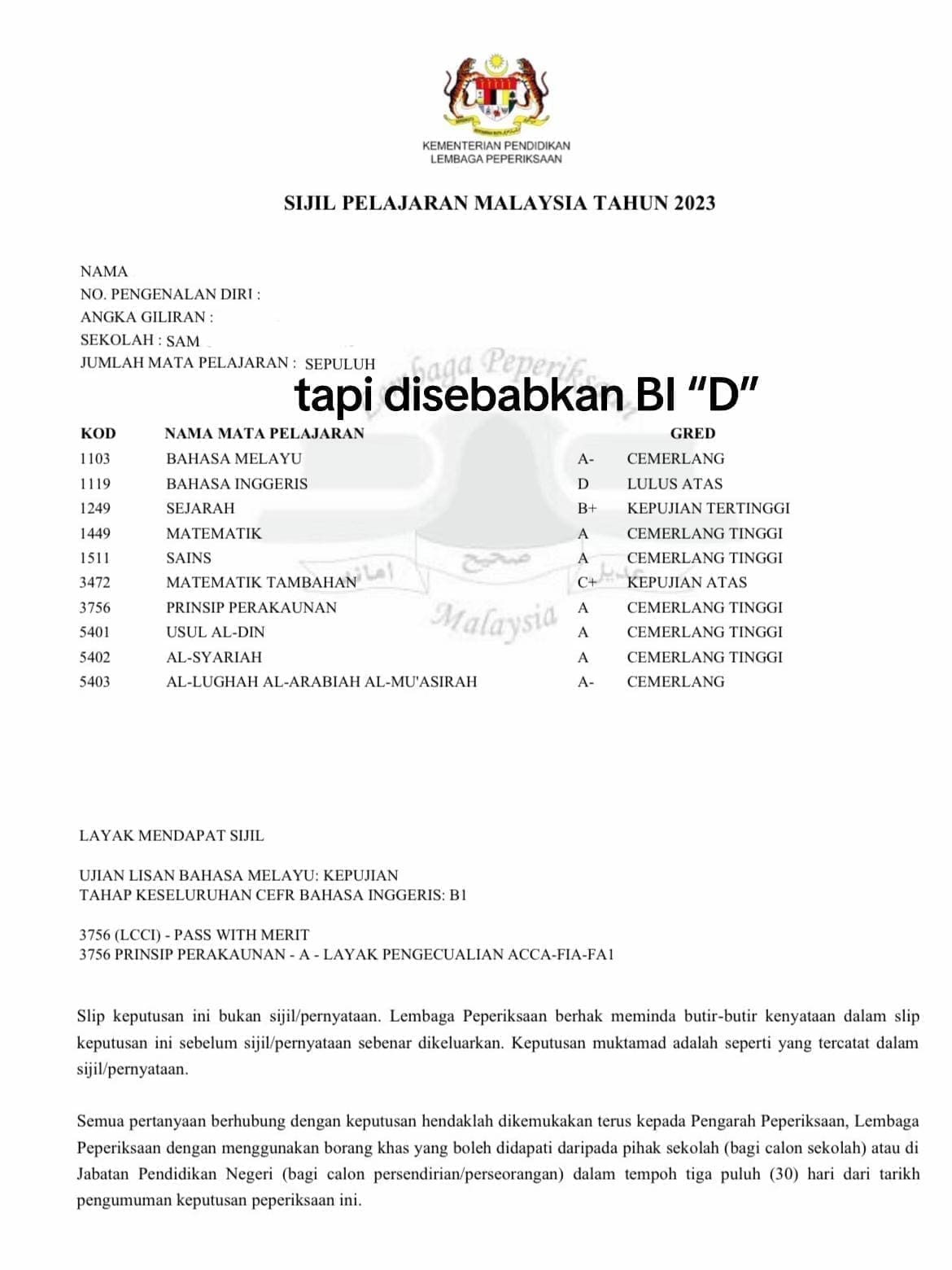 SPM result 7As and English D