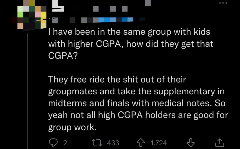 Netizen shocked to learn high cgpa required to join group assignment