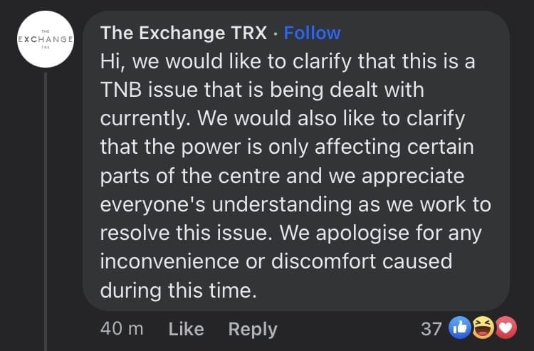 The Exchange TRX reply to power outage