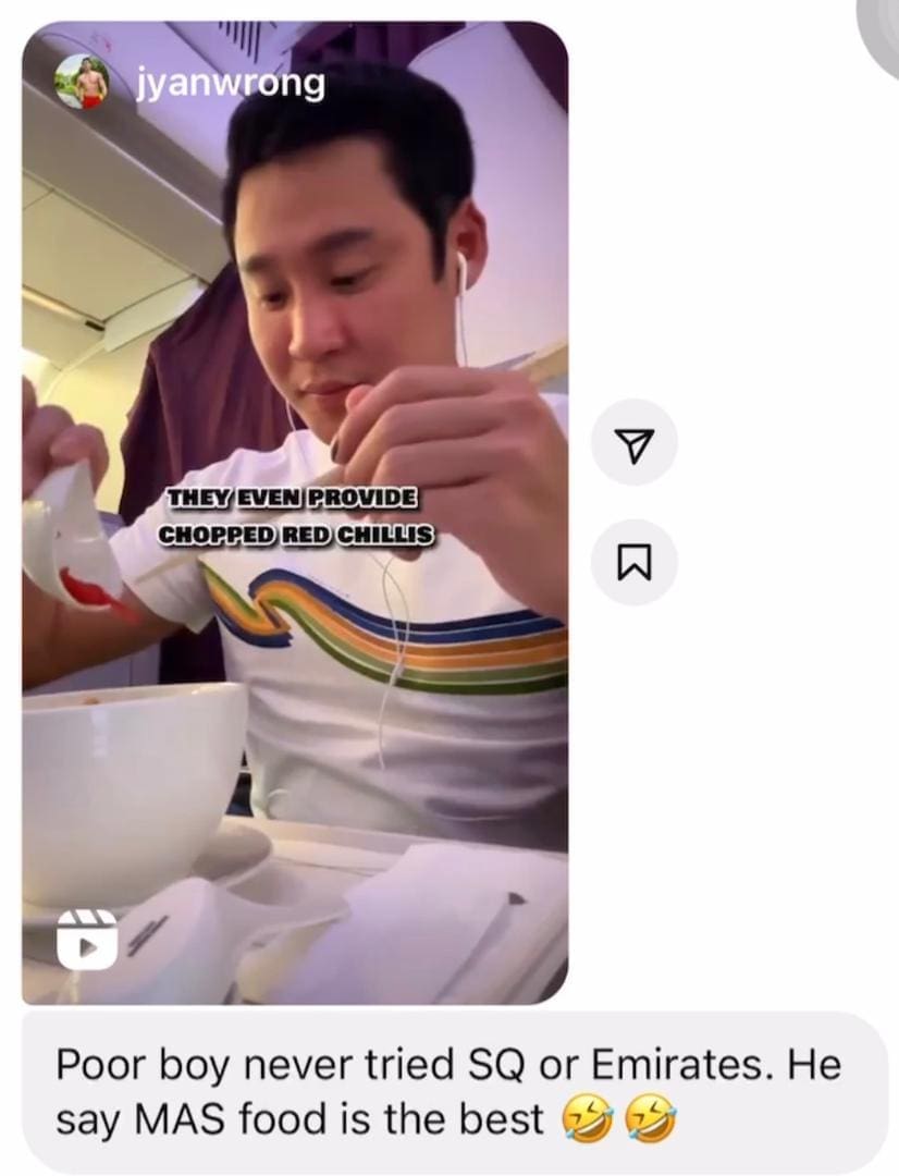 A screenshot of a man mocking him for not flying in SQ or Emirates